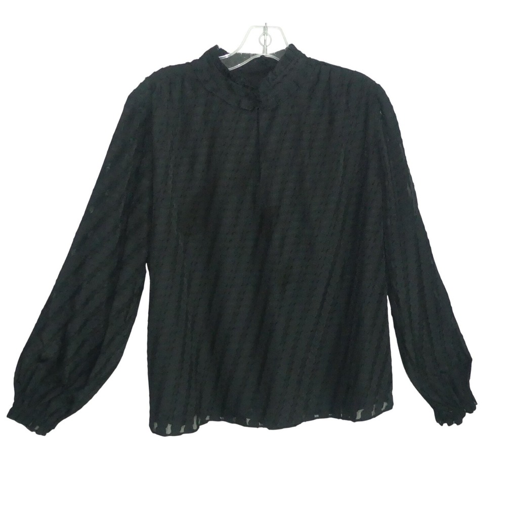 Ann Taylor Black Clip Dot Ruffle Neck LS Blouse Top Sz M Flowy Office Romance